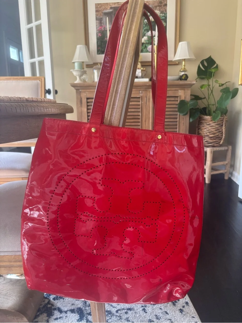 Tory Burch Red Patent Leather Perforated Logo Tote